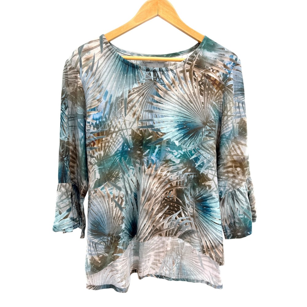Bryn Walker 100% Linen Fran‎ Top 3/4 Palm Leaf Ruffle Bell Sleeve Asymmetrical M